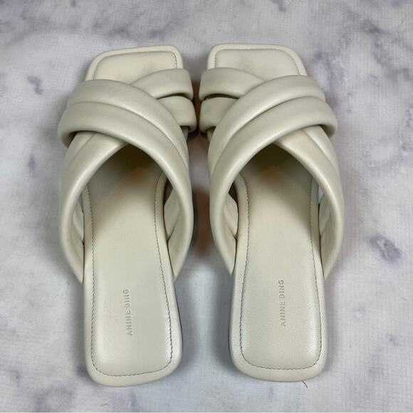 Anine Bing Eve Padded Cross Strap Ivory Leather Slide Sandals - Picture 6 of 10